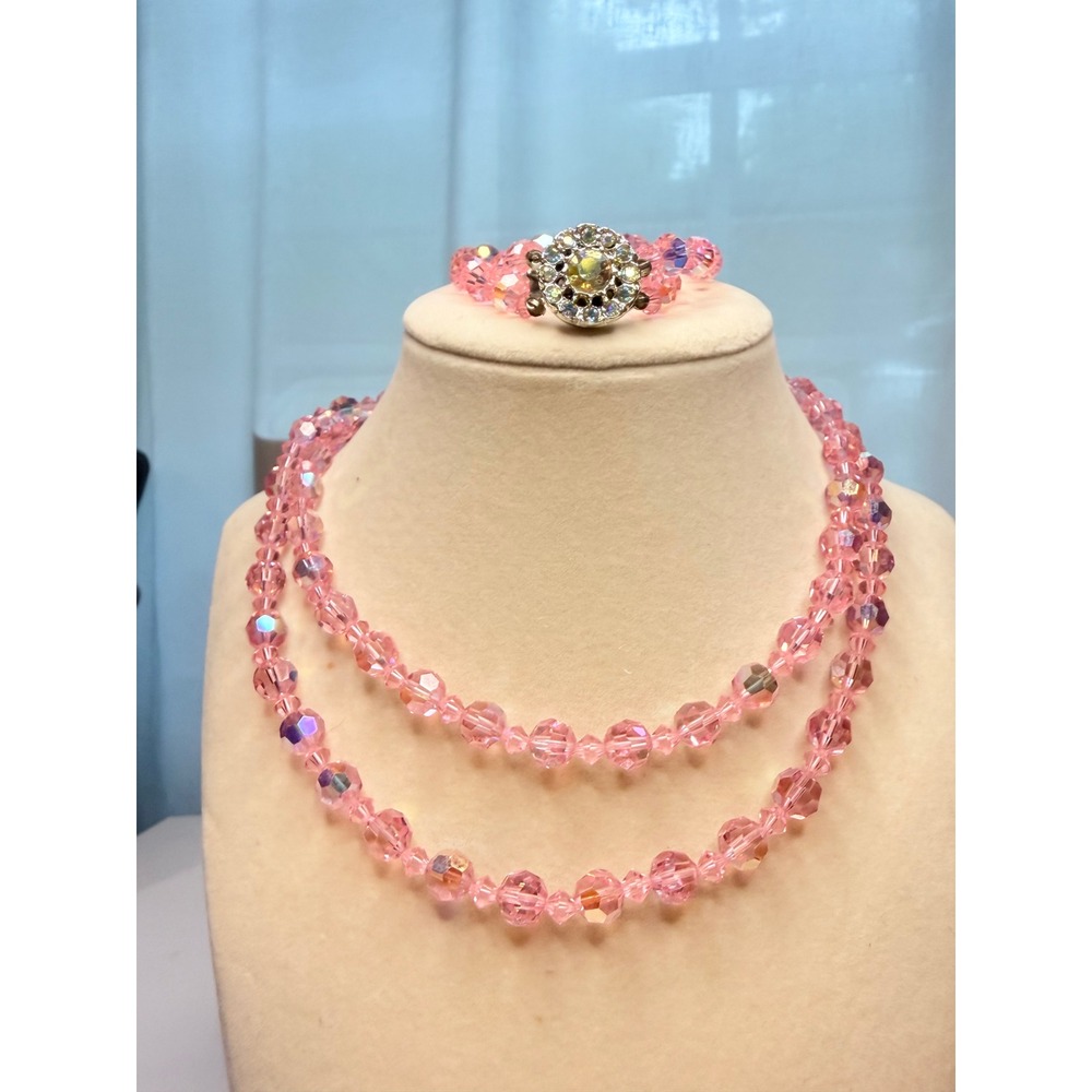 Vintage Pink AB Crystal Double Strand Necklace Rhinestone Box Clasp